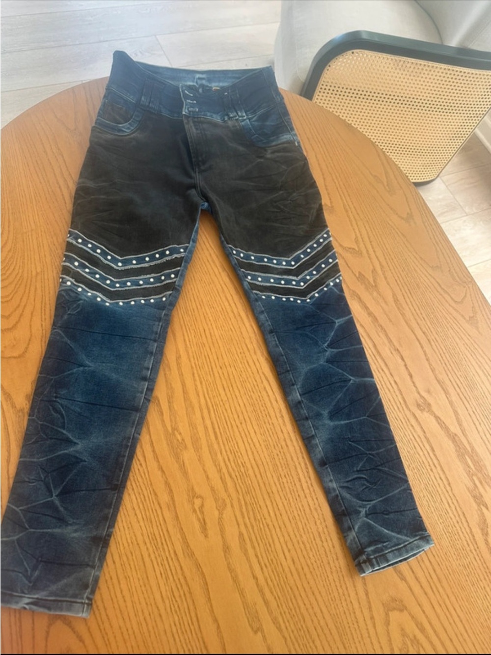 Columbia Women's Black and Dark Blue Skinny Jeans with Studded Chevron Accent